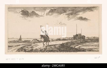 Le facteur conduit le long de la plage, Joost van Geel, dans ou après 1666 imprimer le facteur conduit son cheval le long de la plage. Il signale un navire de passage. L'impression a une légende néerlandaise avec une explication. Rotterdam papier gravure mer. Navires (en général) - CC - plus d'un navire. service postal. facteur. plage Banque D'Images