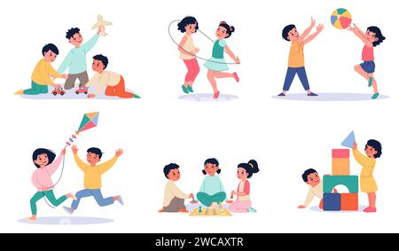Ensemble de jeux actifs pour enfants. Enfants mignons jouant, garçons et filles heureux avec différents jouets, divertissement de groupe, course et saut, cerf-volant et constructeur Illustration de Vecteur