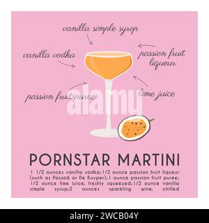 Pornstar Martini cocktail garni de fruits de la passion. Recette classique de boisson alcoolisée imprimé carré moderne avec des ingrédients. Apéritif d'été. Minim Illustration de Vecteur