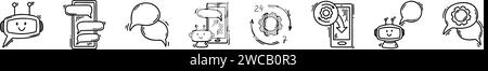 Icônes de doodle dessinées à la main par le bot de chat. Ensemble d'illustrations de contour de robot chatbot. IA, service virtuel, support client, concepts d'assistant virtuel et lo Illustration de Vecteur