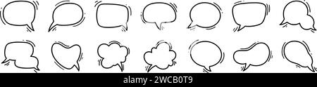 Jeu de bulles vocales blanches Doodle. Icônes de nuages et de ballons comiques. Parler, penser, discuter, conversation, dialogue, concept dessiné à la main de dessin animé de discussion. S Illustration de Vecteur