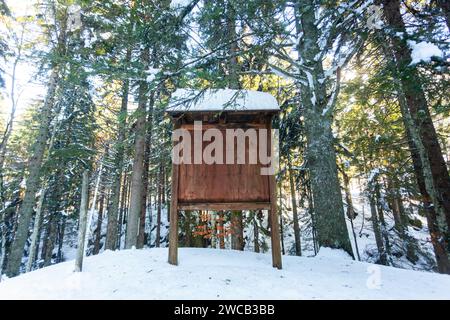 Grand panneau d'affichage en bois vierge dans le paysage de montagne d'hiver. Banque D'Images