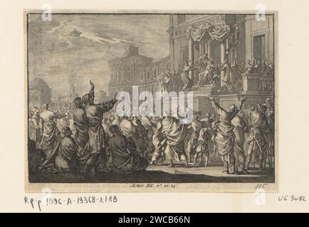 Mort d'Hérode Agrippa, Jan Luyken, 1703 - 1762 imprimer Print Maker : Haarlem Éditeur : Amsterdam gravure sur papier / typographie le roi Hérode Agrippa parle au peuple ; il est frappé par un ange et meurt Banque D'Images