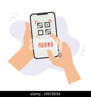 Scannez le code QR vers le téléphone portable. mains tenant le téléphone portable scannant l'icône de code qr. technologie de paiement sans contact sans espèces et concept d'entreprise. Vecteur Illustration de Vecteur