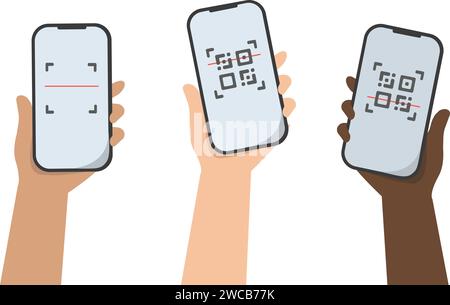 Paiement sans espèces pour les achats en ligne. Main diversifiée avec smartphone scanne le code QR. Illustration vectorielle Illustration de Vecteur