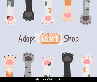Diverses pattes de chat et de chien et texte m'adoptent. Illustration plate simple appelant à l'adoption d'animaux à partir du refuge. Illustration vectorielle de bannière Illustration de Vecteur