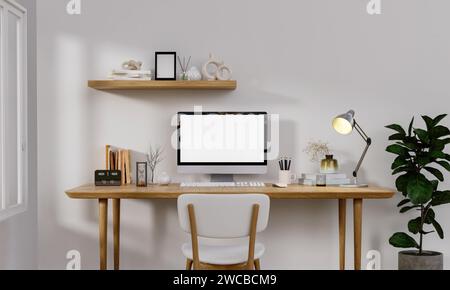 Lieu de travail, ordinateur avec écran blanc vide vierge sur le bureau. Maquette, espace de copie. Concept de bureau à domicile. Affaires, travail à domicile Banque D'Images