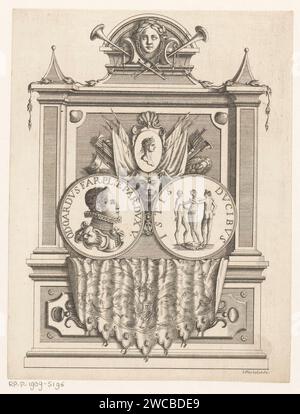 Objet architectural avec le portrait d'Odoardo Farnese, Duc de Parme et Piacenza, Giuseppe Pini, 1706 - 1796 print objet architectural, semblable à un monument funéraire. Au milieu deux médaillons : à gauche le portrait d'Odoardo Farnese et à droite les trois grats. Au-dessus des médaillons des attributs de la bataille, y compris les bannières, trompettes et boucliers. Italie gravure sur papier / gravure de personnes historiques. pièce de monnaie. Grâces (Charites), généralement au nombre de trois ; 'Gratie' (Ripa). représentations architecturales en général. armes de protection : bouclier. corne, trompette, cornet, trombone, tuba Banque D'Images