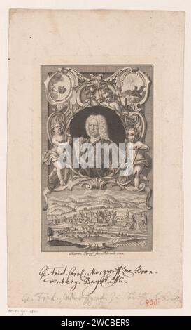 Portrait van Georg Friedrich Karl von Brandenburg-Bayreuth, Martin Tyroff, 1738 print Nuremberg papier gravure / gravure de personnes historiques. vue sur la ville en général ; 'veduta'. parties de l'extérieur du navire : ancre Banque D'Images