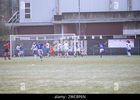 San Claudio, Espagne, le 14 janvier 2024 : les joueurs du Real Oviedo FEM célèbrent le but égal lors de la manche des 16 de la SM la Reina Cup 2023-24 entre le Real Oviedo FEM et l'UDG Tenerife, le 14 2024 janvier, au complexe sportif El Castañeo, à San Claudio, en Espagne. (Photo Alberto Brevers / Pacific Press/Sipa USA) Banque D'Images