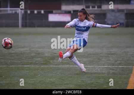 San Claudio, Espagne, 14 janvier 2024 : Raquel Pena (24 ans), joueuse de L'UDG Tenerife, croise le ballon lors de la manche des 16 de la SM la Reina Cup 2023-24 entre le Real Oviedo FEM et l'UDG Tenerife, le 14 janvier 2024, au complexe sportif 'El Castañeo', à San Claudio, Espagne. (Photo Alberto Brevers / Pacific Press/Sipa USA) Banque D'Images