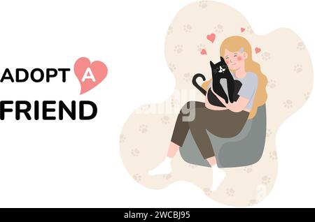 femme embrasse son chat avec amour, le concept de la relation entre les gens et leurs animaux de compagnie, adopter, abriter. Femme tenant le chien. Vecteur de dessin animé Illustration de Vecteur