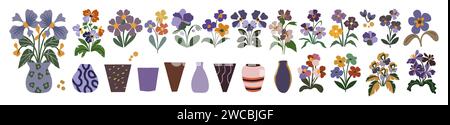 Viola violette et pansie fleurs et vases ensemble. Illustration de Vecteur