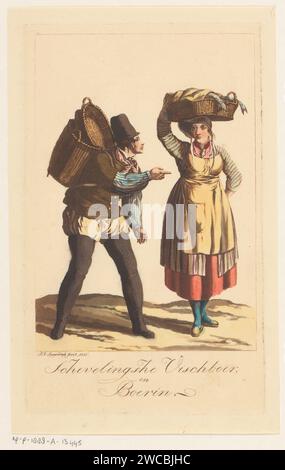 Scheveningen Visserstypen, Jan Anthonie Langendijk DZN, 1816 imprimer Un poissonnier et une femme de poisson ont une conversation. L'homme de gauche porte un panier sur le dos, la femme de droite porte un panier avec du poisson sur la tête. pêcheur de papier. poissons Banque D'Images