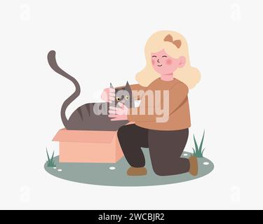 femme embrasse son chat avec amour, le concept de la relation entre les gens et leurs animaux de compagnie, adopter, abriter. Femme tenant le chien. Vecteur de dessin animé Illustration de Vecteur