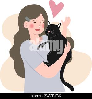 femme embrasse son chat avec amour, le concept de la relation entre les gens et leurs animaux de compagnie, adopter, abriter. Femme tenant le chien. Vecteur de dessin animé Illustration de Vecteur