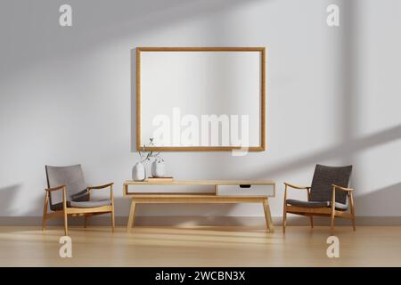 Cadre de poster horizontal vierge maquette dans l'intérieur du salon, fond intérieur moderne du salon, canapé beige. illustration de rendu 3d. Banque D'Images