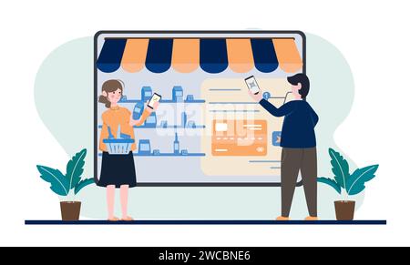 achats en ligne dans les boutiques en ligne. Acheteurs achetant sur l'illustration vectorielle plate de vente sur Internet. Offre spéciale, concept de réduction. Boutique en ligne Illustration de Vecteur