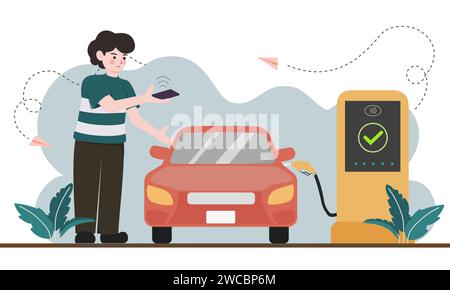 Homme charge une voiture électrique avec paiement en ligne. Système bancaire NFC de paiement sans contact sans espèces. Transaction sans fil. illustration vectorielle Illustration de Vecteur