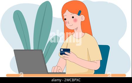 Femme faisant le paiement électronique en ligne avec ordinateur portable et carte bancaire. Homme achetant. par internet et payer pour cela en utilisant l'ordinateur. Vecteur plat coloré Illustration de Vecteur