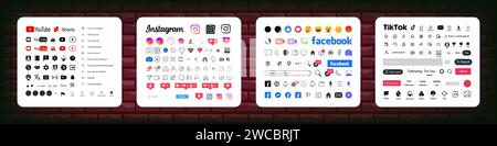 Instagram, Tik Tok, Facebook, icône de bouton YouTube. Définir l'écran de médias sociaux et le modèle d'interface de réseau social. Bouton histoires, symbole, logo de signe. E Illustration de Vecteur