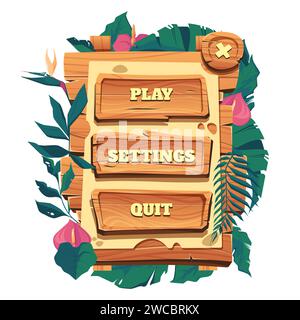 Menu en bois du jeu. Vieux boutons de cadre en bois, éléments d'interface utilisateur tribale de panneau de bande dessinée, bannière rurale pour l'interface utilisateur de jeu. Illustration isolée par vecteur de l'interface utilisateur de message de jeu de bouton Illustration de Vecteur