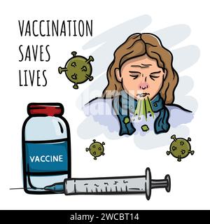 Fille malade, grippe et virus covid, vaccin avec seringue et inscription vaccination sauve des vies Illustration de Vecteur