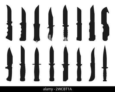 Couteau de chasse noir. Silhouettes d'armes de combat à lame tranchante, couteau utilitaire de poche pour la protection et la cuisson. Vector plat ensemble de lame noir illustration en métal pointu Illustration de Vecteur