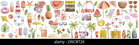 L'ensemble d'images aquarelle peinte à la main comprend sac de plage, palmes, appareil photo, cocktail et autres Clipart d'été Banque D'Images