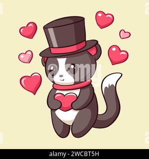 Cette ravissante œuvre d'art représente un chat irrésistiblement mignon enfilant un chapeau orné de coeurs, créant une scène enchanteresse qui rayonne d'amour. Idéal pour inje Illustration de Vecteur