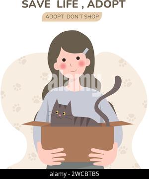 femme embrasse son chat avec amour, le concept de la relation entre les gens et leurs animaux de compagnie, adopter, abriter. Femme tenant le chien. Vecteur de dessin animé Illustration de Vecteur