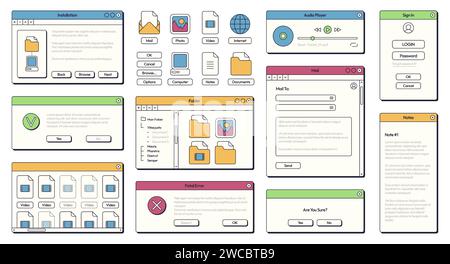 Interface utilisateur de l'ordinateur 90s. Panneaux GUI de style rétro des années 80 et 90 avec boutons et cadres pour la conception d'applications et de systèmes d'exploitation. Vector écran de notification moderne de conception d'interface graphique 90s illustration Illustration de Vecteur
