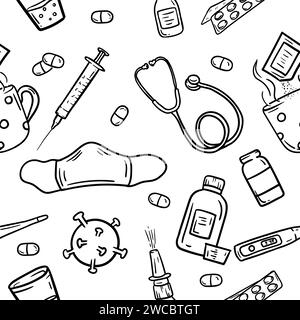 Modèle vectoriel sans couture avec des éléments médicaux, des médicaments, des virus, des pilules, un vaccin et une tasse de thé Illustration de Vecteur