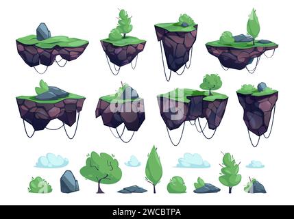 Terrain de jeu flottant. Rivière et air d'eau d'herbe de roche de dessin animé, conception de niveau flottant pour le jeu 2D et l'application. Paysage vectoriel avec des roches et de l'herbe de plate-forme de jeu volant illustration Illustration de Vecteur