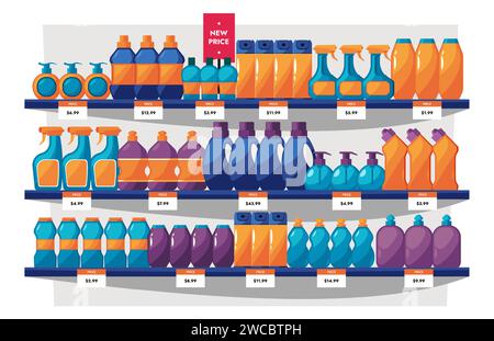 Étagères pour produits chimiques ménagers. Magasin de produits de nettoyage chimiques, hygiène et concept domestique avec gel de poudre de bouteille. Illustration de supermarché de vecteur de ménage de magasin Illustration de Vecteur