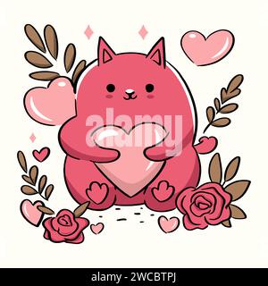 Embrassez la douceur de la Saint-Valentin avec cette illustration vectorielle attachante représentant un adorable chat entouré de cœurs. Intitulé 'Sweetheart Kitty Illustration de Vecteur