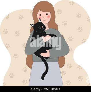 femme embrasse son chat avec amour, le concept de la relation entre les gens et leurs animaux de compagnie, adopter, abriter. Femme tenant le chien. Vecteur de dessin animé Illustration de Vecteur