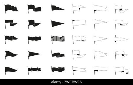 Drapeaux fanions noirs rétro. Contour chevalier héraldique fanions ondulés triangulaires et drapeaux pour le camping, la nature sauvage et la décoration de carte de voyage. Ensemble plat vectoriel d'illustration de fanion de contour de drapeau Illustration de Vecteur