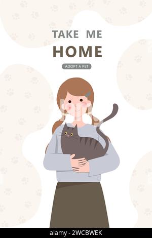 femme embrasse son chat avec amour, le concept de la relation entre les gens et leurs animaux de compagnie, adopter, abriter. Femme tenant le chien. Vecteur de dessin animé Illustration de Vecteur