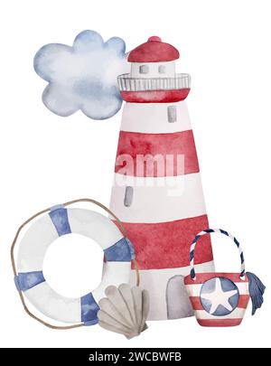 Illustration vectorielle aquarelle dessinée à la main d'Un phare et d'une bouée de vie pour un Clipart d'été parfait Illustration de Vecteur