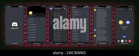 Discord interface de médias sociaux. Discord application mobile de Microsoft Corporation sur un smartphone. Définir le modèle de maquette de réseau social. Discorde mais Illustration de Vecteur