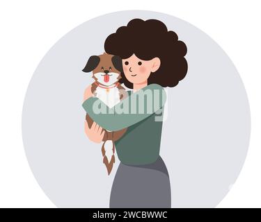 femme embrasse son chien avec amour, le concept de la relation entre les gens et leurs animaux de compagnie, adopter, abriter. Femme tenant le chien. Vecteur de dessin animé Illustration de Vecteur