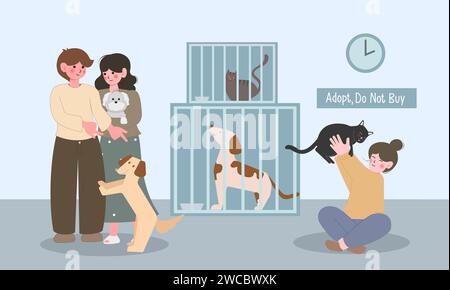 Adoption d'animaux de compagnie à partir d'un refuge pour animaux. Les gens tiennent un chaton et un chien. Chats et chiens de dessins animés plats dans des cages. Chiot adopté volontaire. illustration vectorielle Illustration de Vecteur