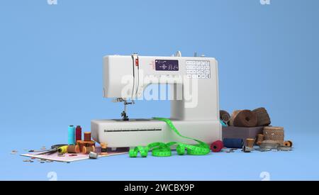 Machine à coudre et accessoires rendu 3d sur bleu Banque D'Images