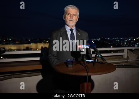 Jérusalem, Israël. 15 janvier 2024. Le président tchèque Petr Pavel prend la parole lors du point de presse lors de sa visite en Israël, Jérusalem, le 15 janvier 2024. Crédit : Michaela Rihova/CTK photo/Alamy Live News Banque D'Images