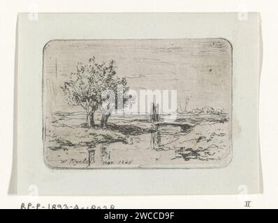 Deux saules pollard sur l'eau, Willem Roelofs (I), papier néerlandais imprimé en 1868. gravure des arbres : willow. petit canal, fossé Banque D'Images