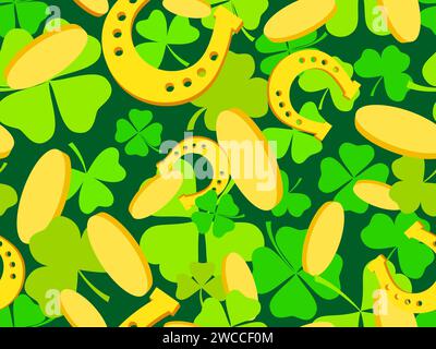 Modèle sans couture avec des pièces d'or, des fers à cheval et des feuilles de trèfle vert pour St. Patrick's Day. Symboles de vacances irlandais, fer à cheval pour bonne chance. Concevoir pour Illustration de Vecteur