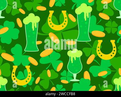 Modèle sans couture avec des verres de bière, des pièces d'or, des fers à cheval et des feuilles de trèfle pour St. Patrick's Day. Verres de bière verte de différentes formes. Desi Illustration de Vecteur