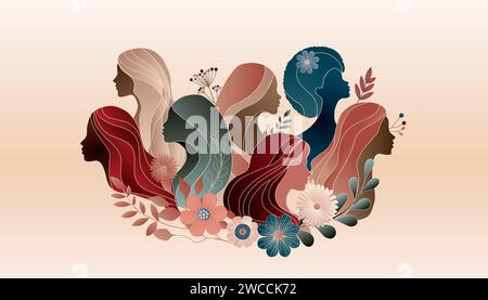 Silhouette de groupe de femmes multiculturelles avec fond rose et fleurs. Journée internationale de la femme. Espace de copie de bannière Illustration de Vecteur