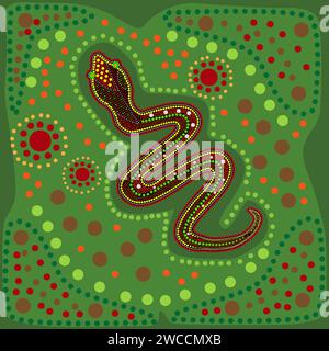 Serpent dans le style aborigène australien.Art aborigène australien fond vert avec serpent et pois.Vipère ethnique décoratif.artisanat tribal aborigène Illustration de Vecteur
